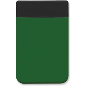 A green Lycra phone wallet with a black top, featuring a logo. Ideal for holding smartphones and cards.