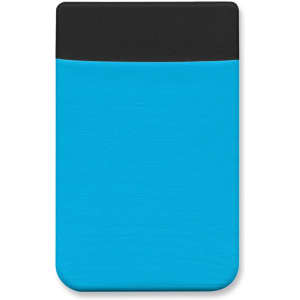 A Lycra phone wallet in a vibrant blue with a black top section, featuring a logo.