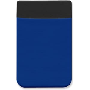 A slim blue Lycra phone wallet with a black top section and a simple design, featuring a logo.