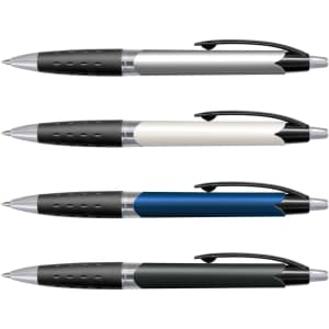 Four plastic pens in silver, white, blue, and green with black accents and a logo on each pen.