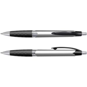 A silver and black plastic pen with a textured grip and click mechanism, featuring a logo on its body.