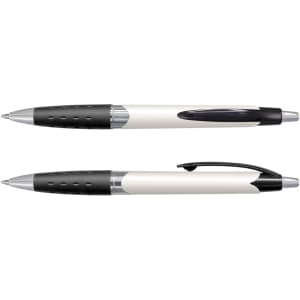 A plastic pen featuring a black and cream design, with a grip section and a click mechanism. It has a logo.