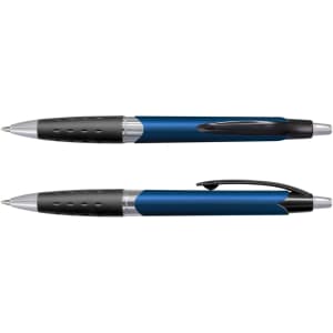 Two blue plastic pens with black grips and silver accents, featuring a logo on the barrel.
