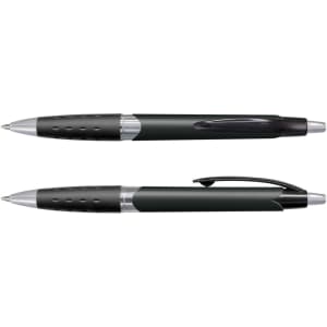 A pair of green plastic pens with black grips and silver accents, featuring a logo on the barrel.