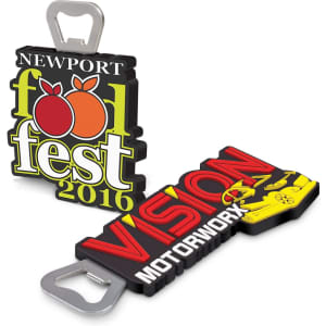 A drink bottle opener featuring a black, yellow, and multicoloured design with logos on both sides.