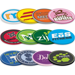 A collection of colourful PVC coasters in various designs, featuring logos in multiple shapes and hues.
