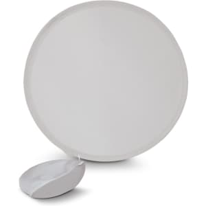 A round white fan with a matching pouch attached. The fan is open and displayed flat.
