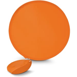 An orange fan with a matching pouch, both in a round shape, displayed on a white background.
