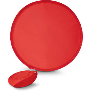A fan with a pouch, featuring a bright red circular design. The fan folds neatly into a smaller pouch for easy storage.