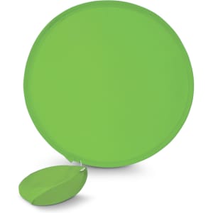 A green circular fan with a matching pouch is displayed. The fan is folded and attached to the pouch for easy storage.