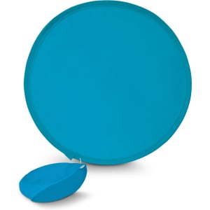A round, collapsible fan with a matching pouch, both in a bright turquoise color.