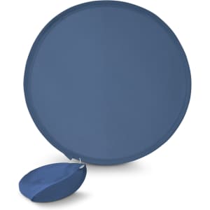 A portable fan in a circular design, paired with a small pouch for easy storage.
