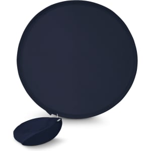 A round navy fan with a pouch attached for easy storage.