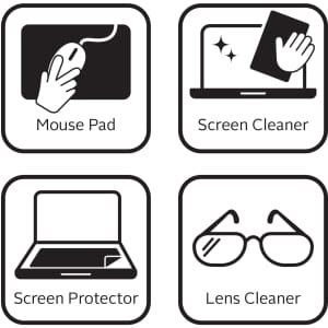Four icons showcasing a mouse mat, screen cleaner, screen protector, and lens cleaner in black and white design.