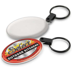 A key ring featuring a round screen cleaner with a black attachment and an oval promotional tag.