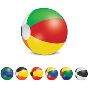 A beach ball featuring green, red, yellow, and blue panels, with various other designs displayed below.