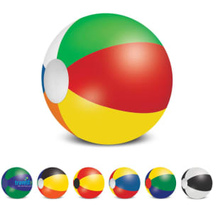 A vibrant beach ball featuring a mix of green, red, yellow, and blue panels, with a logo displayed.