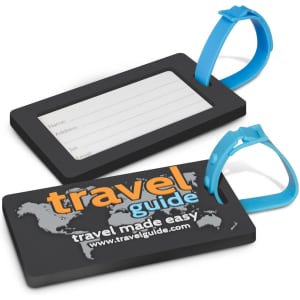 A PVC luggage tag in black with a blue strap, featuring a logo and space for personal information.