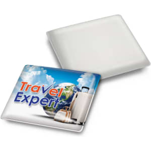 A rectangular screen cleaner featuring a world map design and a logo. Predominantly white with colourful graphics.