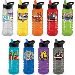 A collection of colourful drink bottles, featuring various designs and logos, with black lids.