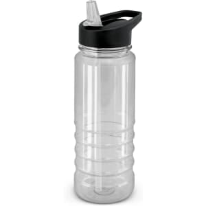 A drink bottle with a clear body and a black lid featuring a straw.