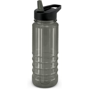 A drink bottle in grey with a black lid and ergonomic design, featuring a built-in straw and branding.