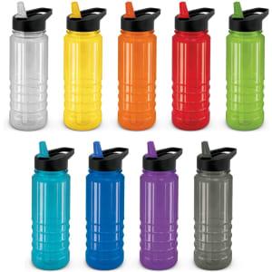 A drink bottle collection displaying various colours including clear, orange, yellow, green, blue, purple, and grey, with black lids.