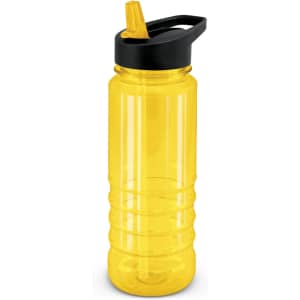 A drink bottle in bright yellow with a black lid and a built-in straw. It features a logo on the side.