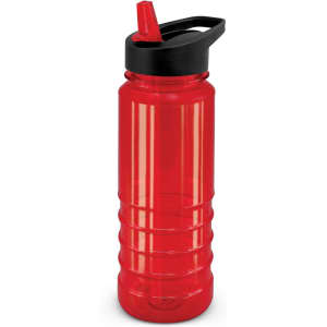 A drink bottle with a clear red body and a black lid, featuring a built-in straw for easy sipping.