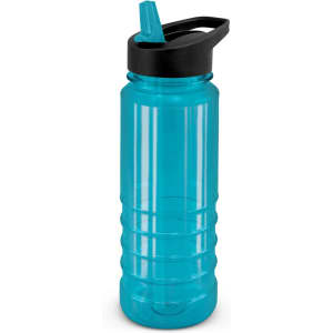 A drink bottle with a turquoise body and a black lid, featuring a built-in straw for easy sipping.