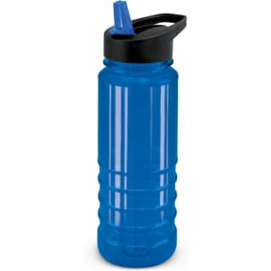 A drink bottle featuring a translucent blue design with a black lid and a built-in straw.