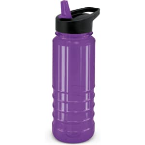 A drink bottle in purple with a black lid and a straw. It features a ridged design and has a logo.