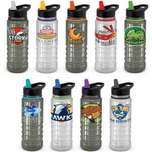 A drink bottle featuring a clear body with black accents and various colourful logos on the front.