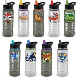 A drink bottle in clear and black, featuring a variety of designs and colours, with black lids and decorative logos.