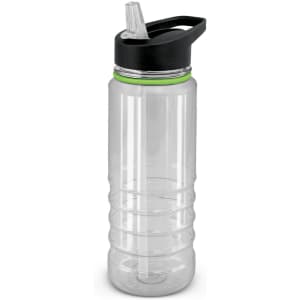 A drink bottle featuring a clear body with a black lid and a green accent, complete with a straw.