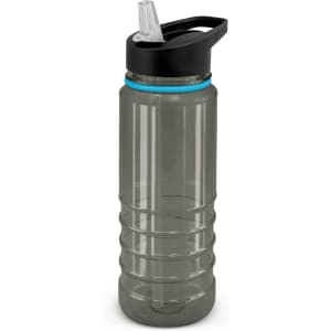 A drink bottle in clear grey plastic with a black lid and transparent straw. Features a logo on the front.