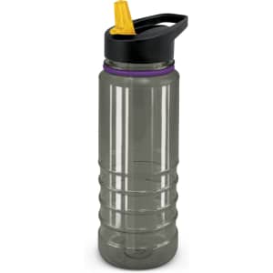 A drink bottle in clear and black, featuring a yellow spout and a textured grip design. It has a logo on the side.