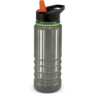 A drink bottle in clear and black with an orange spout and green accent at the top. It features a logo.
