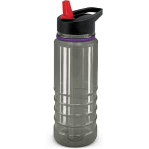 A drink bottle in clear grey plastic with a black lid and a red spout, featuring a branding logo.