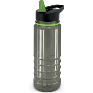 A drink bottle in clear plastic with black and green accents, featuring a flip-top lid and textured grip.