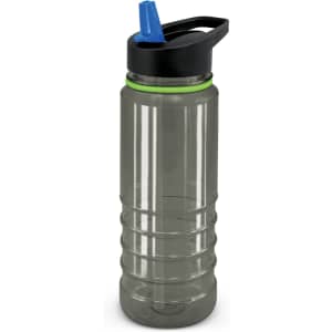 A drink bottle in clear plastic with a black lid and green band, featuring a blue spout and a logo on the side.