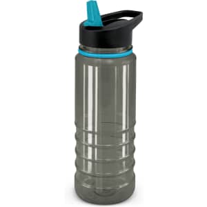 A drink bottle in clear and black with a teal spout and a ridged design. It features a logo.