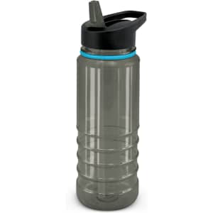 A drink bottle in clear grey with a black lid and a blue accent, featuring a spout and ridged design.
