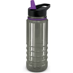 A drink bottle in clear plastic with a black and purple lid, featuring a textured grip design.