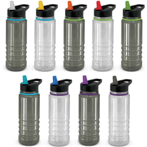 A drink bottle collection featuring clear and black designs with various coloured lids and a ridged body.