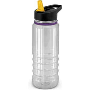 A drink bottle featuring a clear body, black lid, and a yellow spout with a logo on the side.