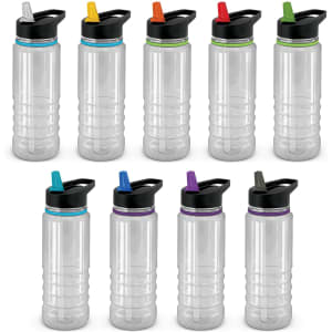 A drink bottle collection featuring clear plastic designs with black lids and various coloured spouts: blue, green, orange, red, and purple.