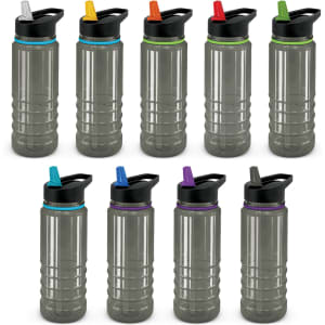 A drink bottle collection featuring clear and black designs with various coloured flip-top lids. Each bottle has a logo.