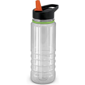 A drink bottle in clear plastic with a black lid and orange spout, featuring a green accent band.