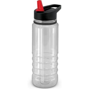A drink bottle featuring a clear body with black accents and a red spout. It includes a logo on the surface.